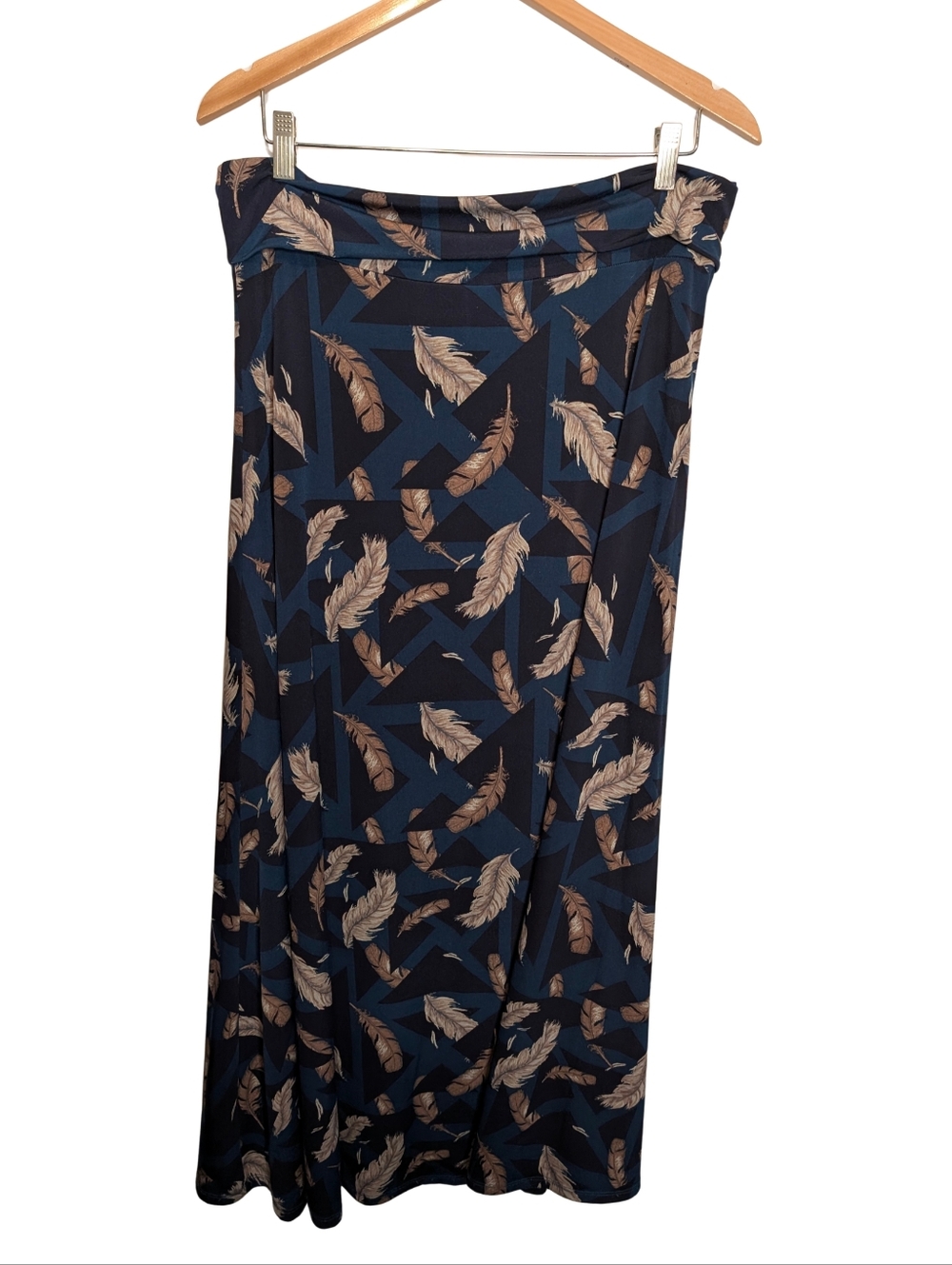 Lularoe Feather-Print Maxi Skirt With Waist Flap. Stretchy.